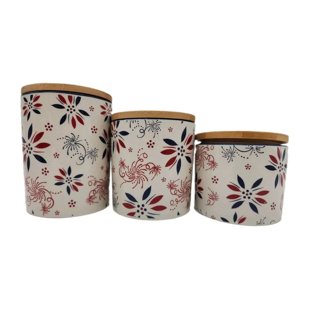 Temptations By Tara Set Of 3 Patriotic Cannisters W/Bamboo Lids